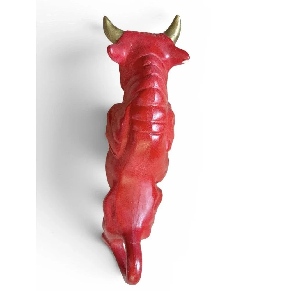 Vintage 1960s Red Ceramic Bull Figurine Mid Century Modern Gold Accents